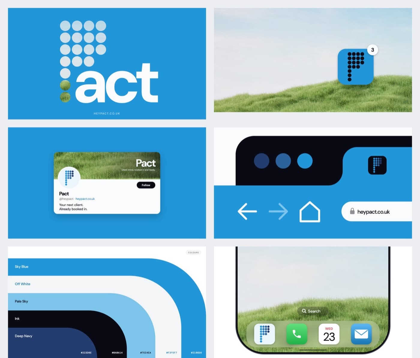 Pact brand board: logo, app icon, social profile and colours